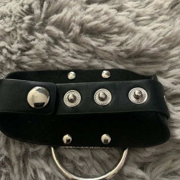 Wide Black Faux Leather Bracelet with Silver Ring Accent - Picture 2 of 2